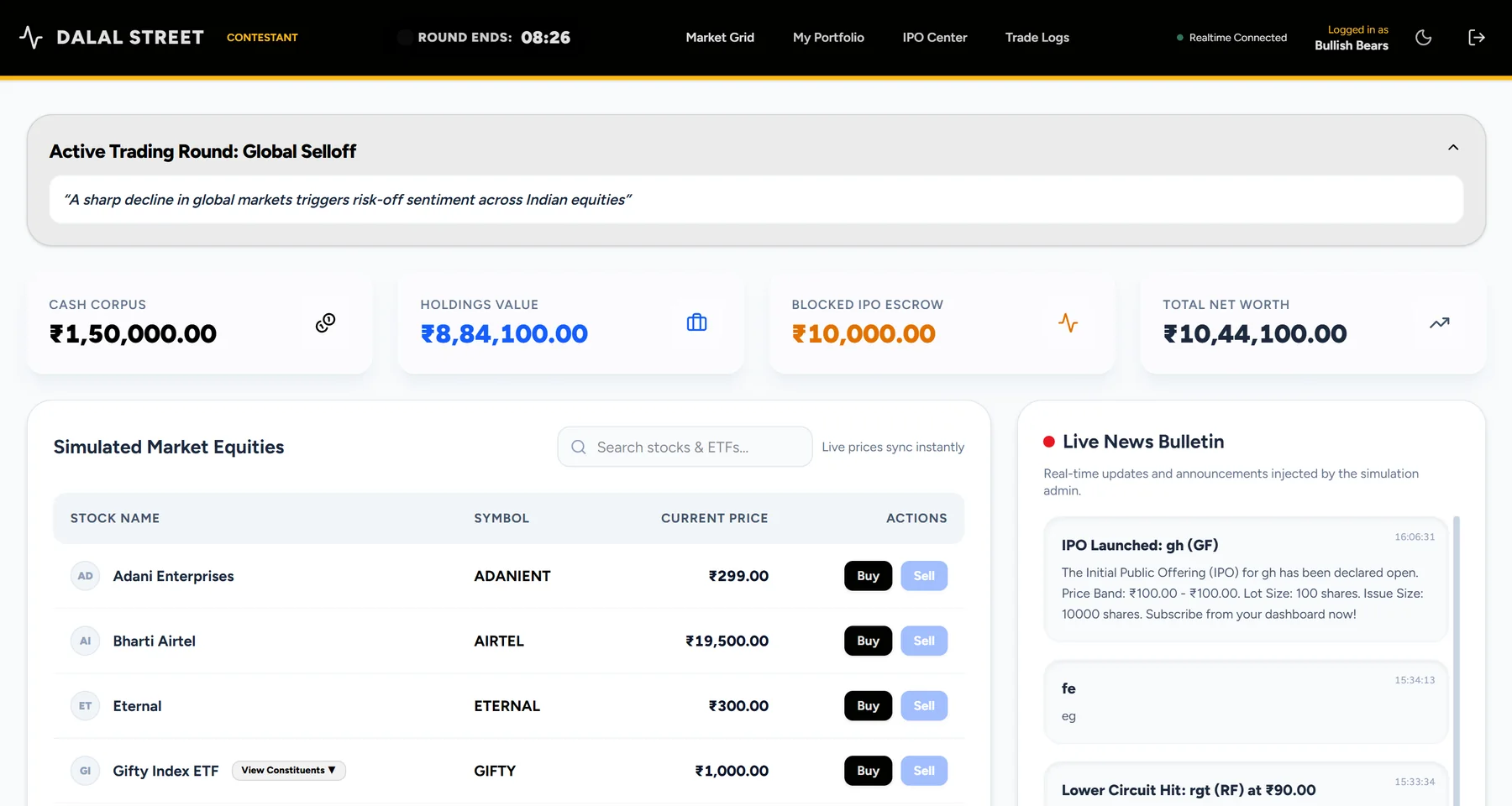A participant's screen in The Trade House during a live round: the round countdown, cash, holdings, IPO escrow and net worth, the tradable market grid, and a live news bulletin.